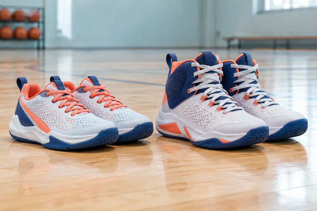 Deux baskets de basketball pour enfant, l’une basse et l’autre montante, posées sur un parquet de gymnase.