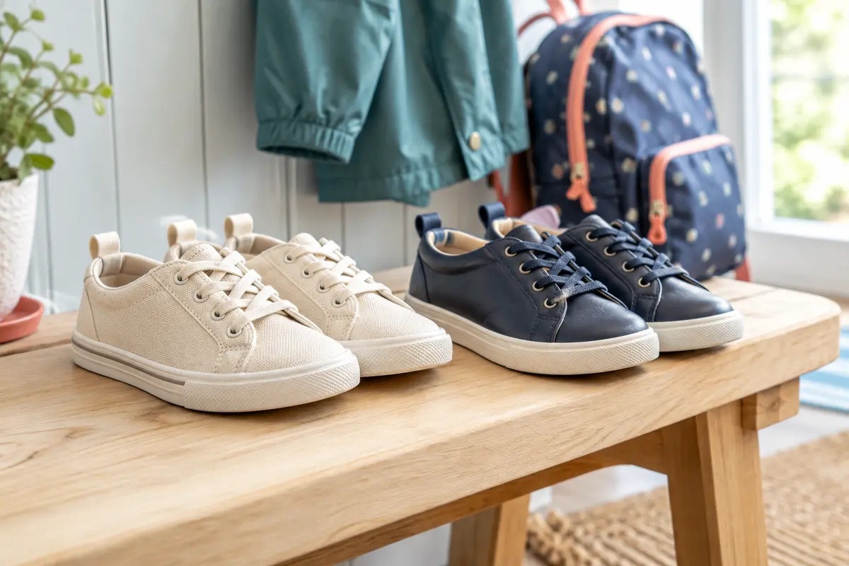 Deux baskets pour enfant, l’une en toile écrue et l’autre en cuir bleu marine, présentées côte à côte.