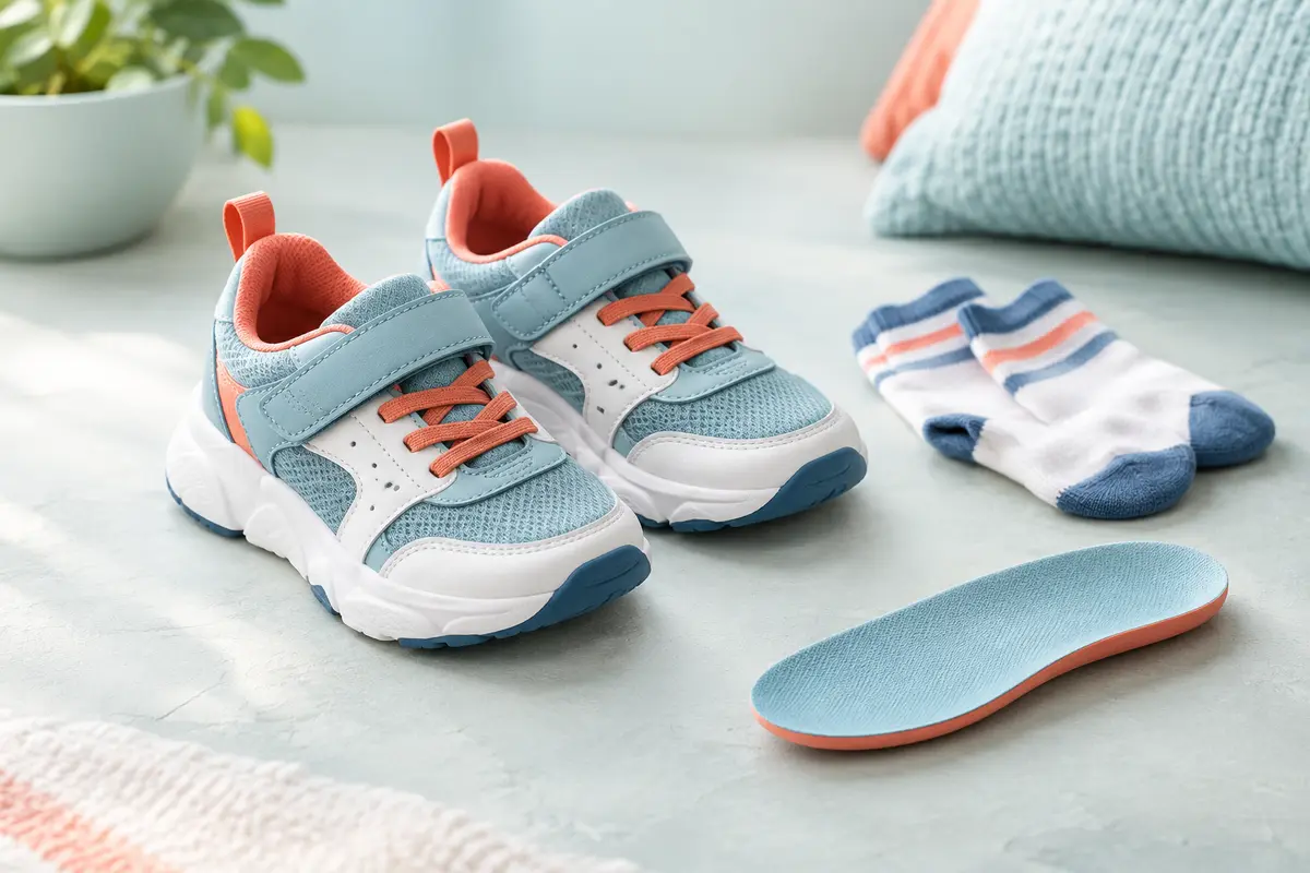 Baskets d’enfant et semelle amovible posées près de chaussettes pour vérifier leur ajustement