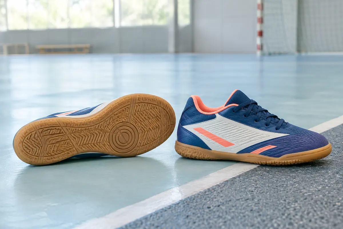 Deux chaussures de futsal pour enfant montrent une semelle plate d’intérieur et un profil extérieur à reliefs.
