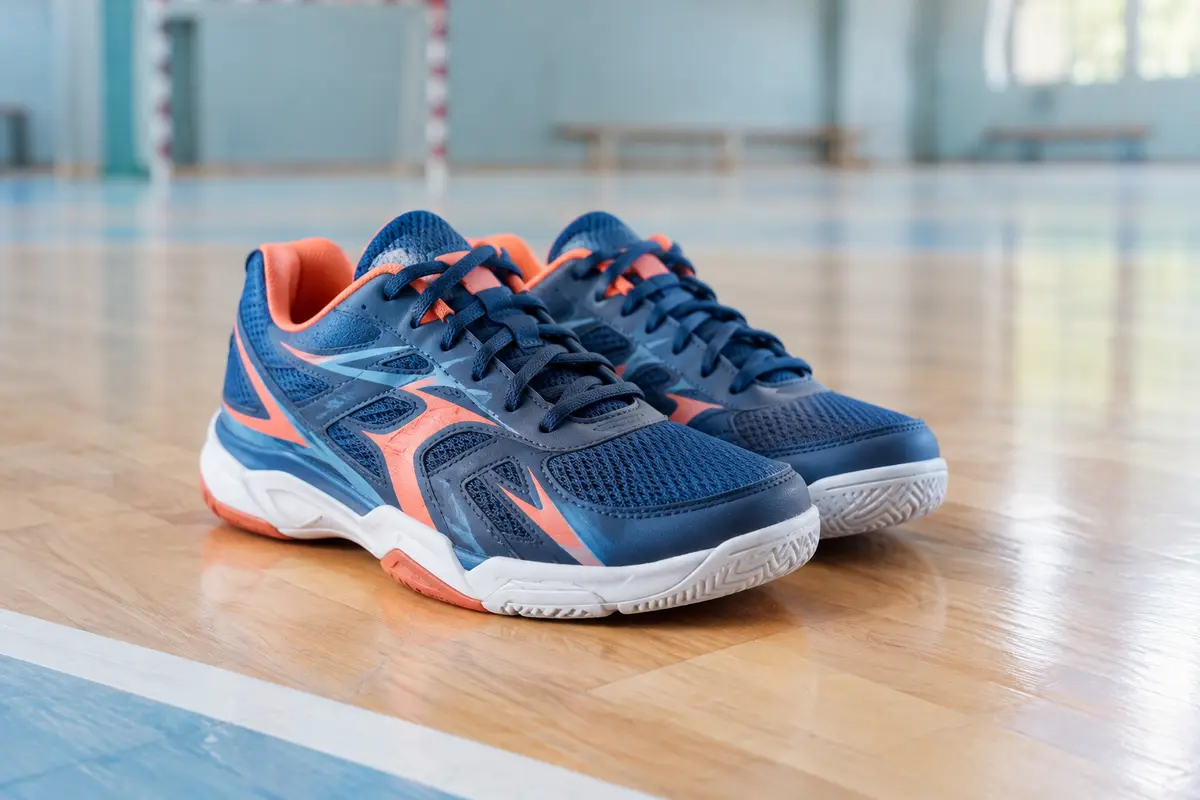 Chaussures de handball pour enfant posées sur un parquet, avec leur semelle d’intérieur visible.