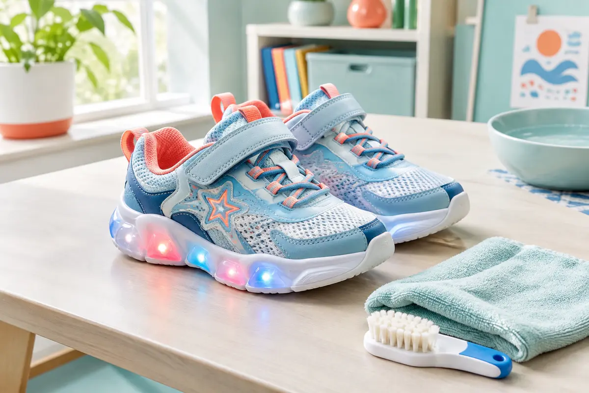 Baskets lumineuses pour enfant posées près d’un chiffon doux et d’une brosse pour un nettoyage prudent