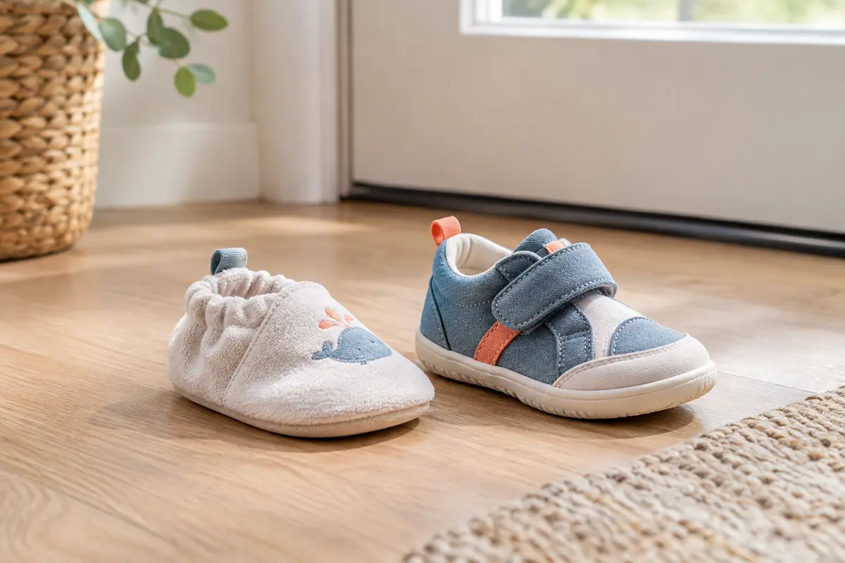 Chausson souple et petite basket à semelle flexible posés côte à côte près d’une porte d’entrée.