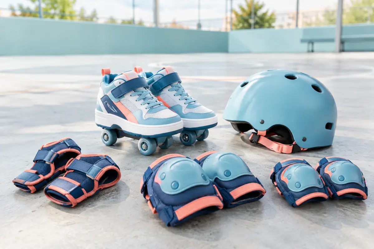 Baskets à roulettes pour enfant et protections posées dans un espace de pratique lisse et dégagé