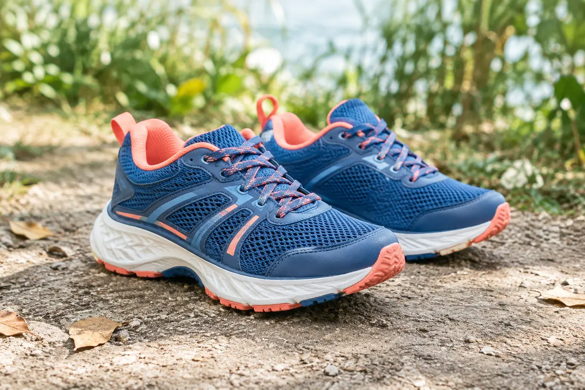 Baskets de running pour enfant posées sur un chemin de parc sec, avec leur semelle visible