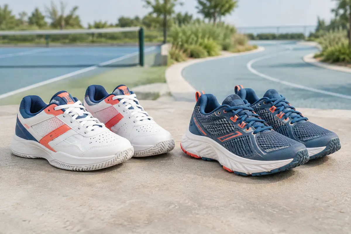 Deux paires de chaussures enfant comparées, l’une pour le tennis et l’autre pour la course