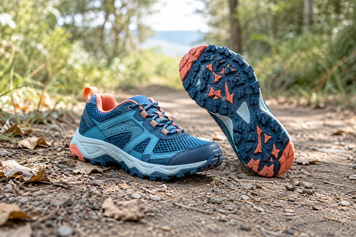 Chaussures de trail pour enfant sur un chemin compact, avec leurs reliefs de semelle visibles