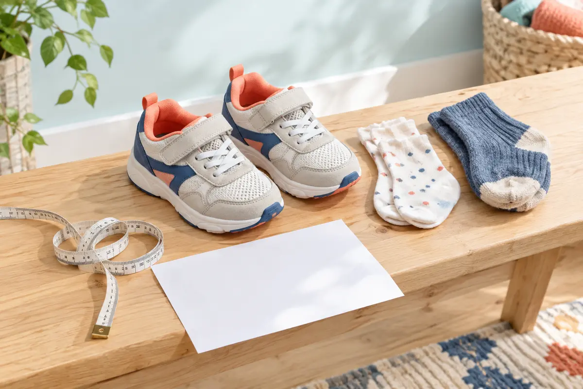 Baskets pour enfant, chaussettes fines et épaisses et accessoires pour mesurer le pied