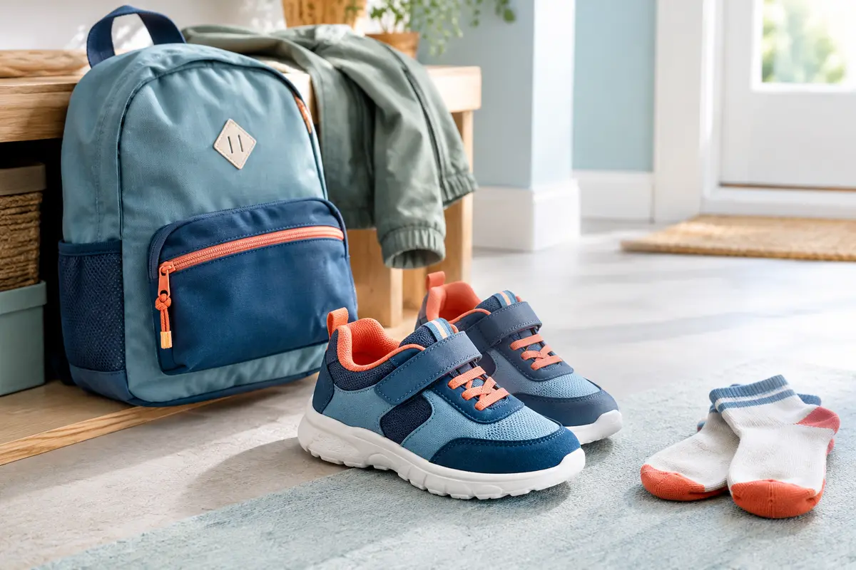 Baskets pour enfant posées près d’un sac d’école et de chaussettes, prêtes pour une journée ordinaire