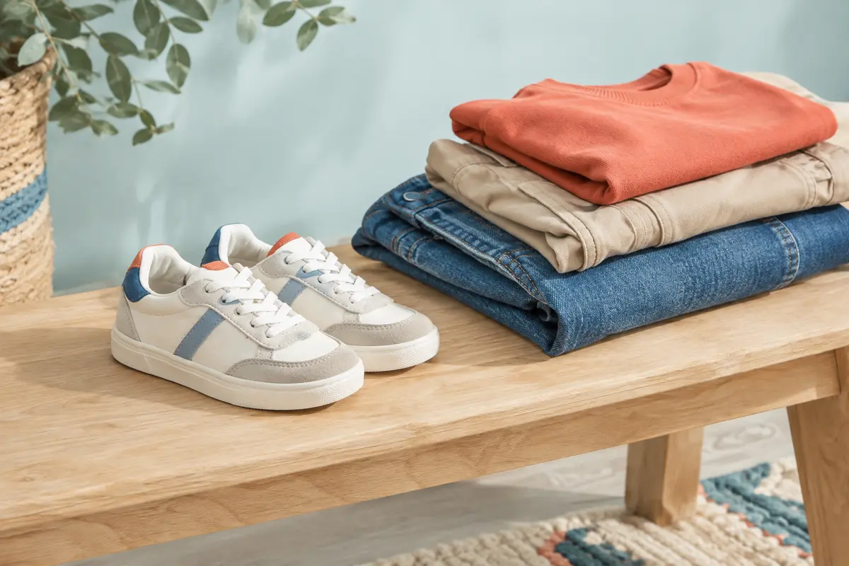 Baskets enfant sobres près de vêtements de tous les jours aux couleurs faciles à associer