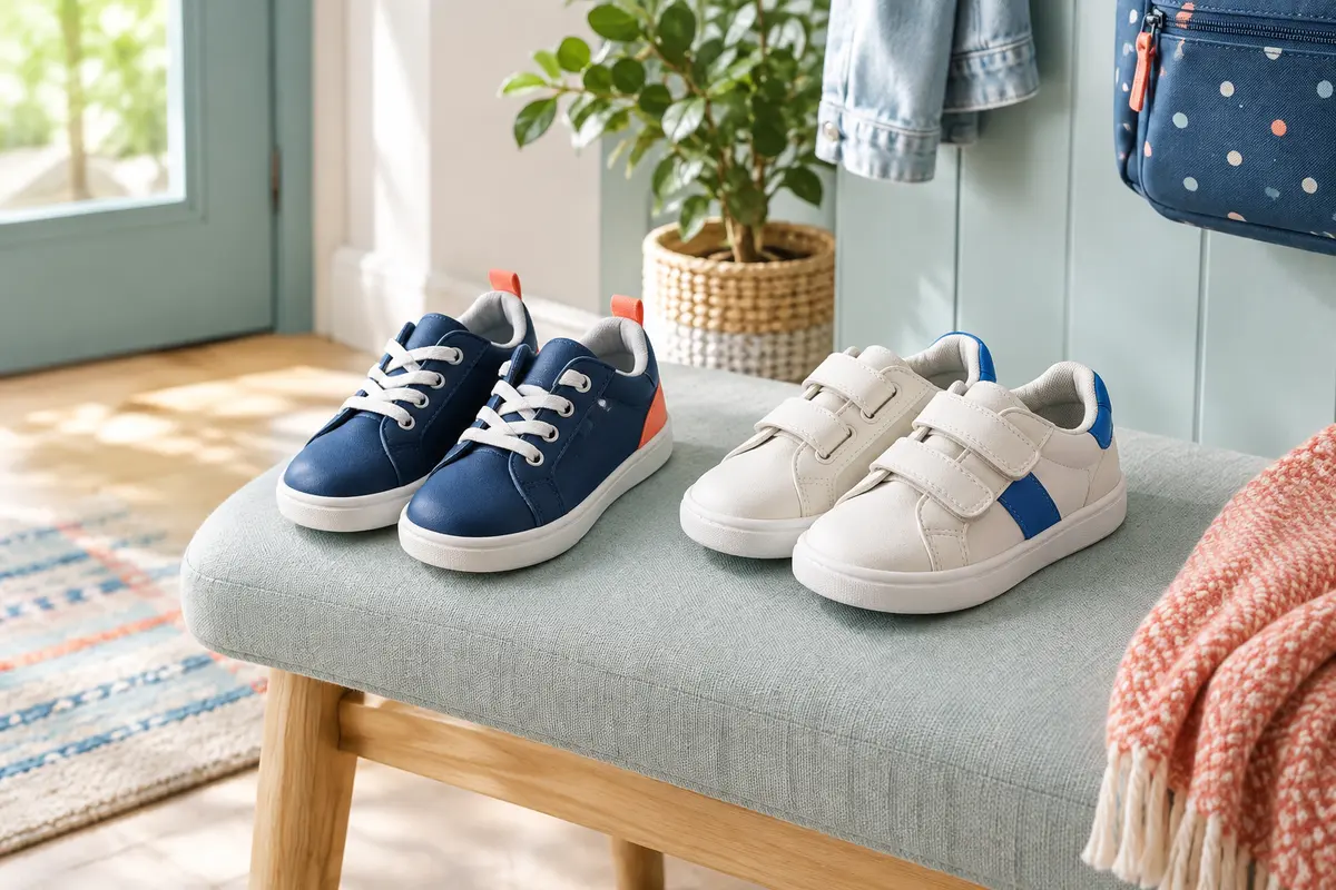 Deux paires de baskets pour enfant côte à côte, l’une fermée par des lacets et l’autre par des scratchs.