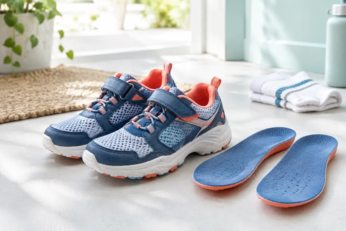 Baskets de sport pour enfant ouvertes, avec leurs semelles amovibles à côté pour sécher à l’air libre