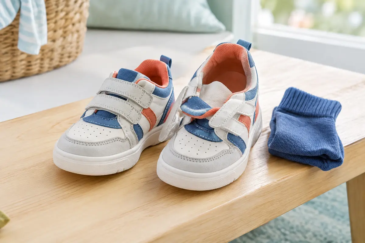 Baskets pour enfant ouvertes, avec une chaussette à côté pour illustrer le contrôle de l’espace à l’avant