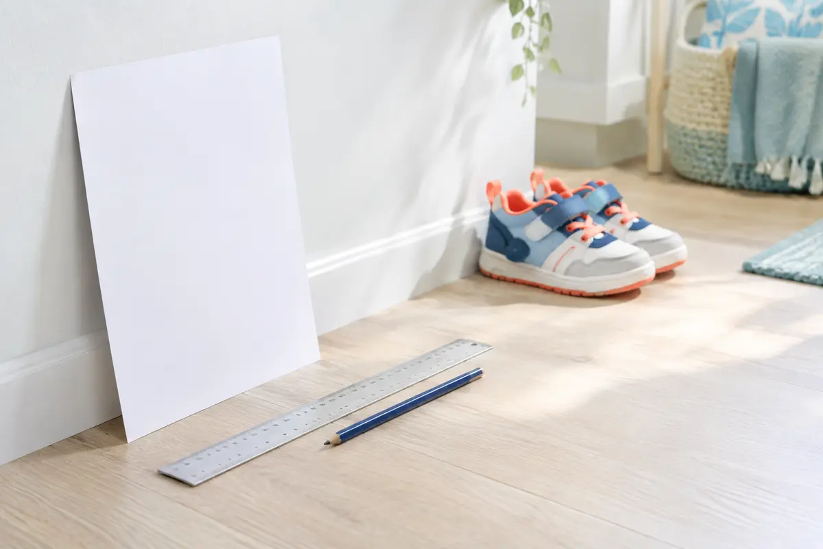 Feuille, règle et baskets d’enfant réunies pour illustrer la mesure du pied à la maison