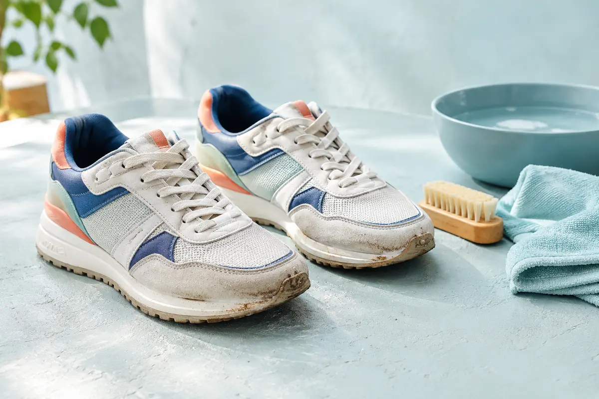 Baskets blanches pour enfant, chiffon et brosse souple prêts pour un nettoyage doux