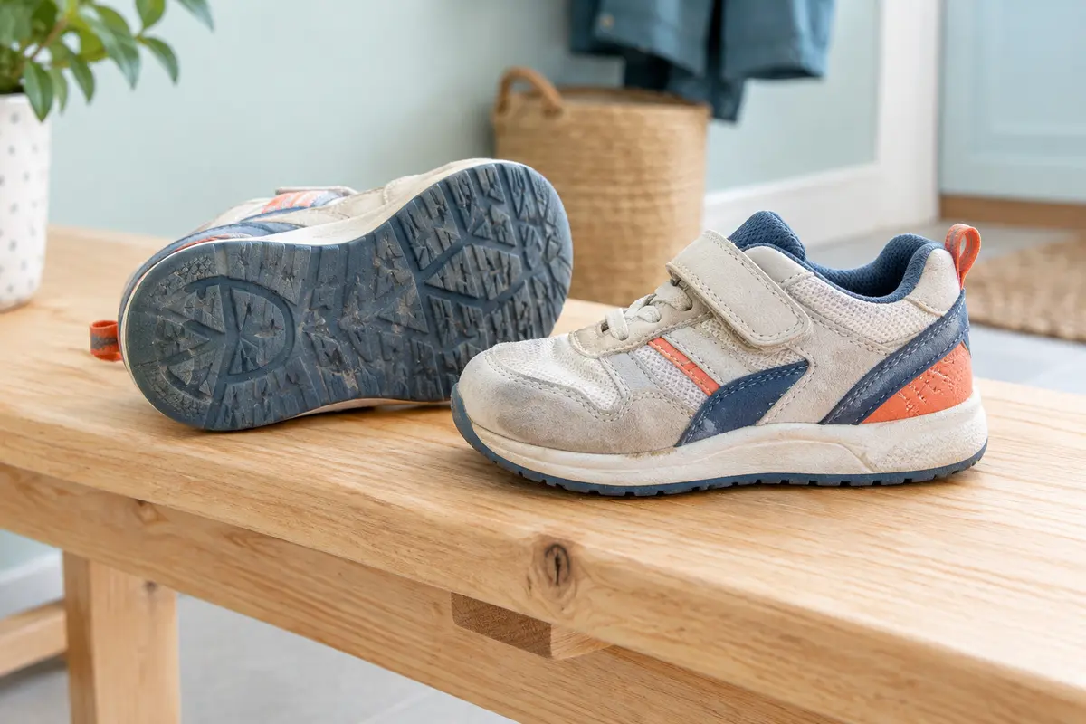 Baskets pour enfant examinées pour repérer l’usure de la semelle, de la tige et des coutures