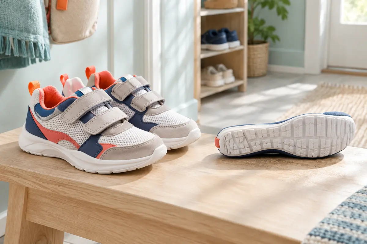 Baskets pour enfant posées près d’une semelle légèrement courbée à l’avant pour illustrer sa flexibilité.