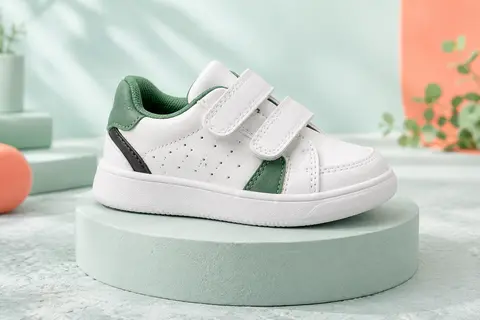 Basket bébé basse blanche aux détails verts et noirs, avec deux brides auto-agrippantes et semelle cupsole.