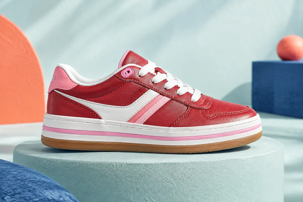 Basket basse junior en cuir rouge, blanc et rose, posée seule sur un socle mat clair.