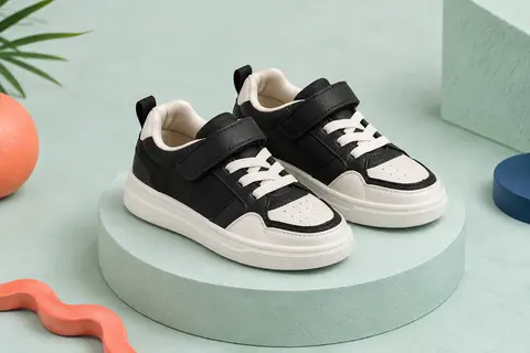 Baskets basses Adidas enfant noires et blanches avec lacets élastiques, bride et semelle en caoutchouc