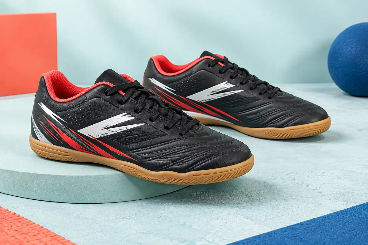 Paire de chaussures de futsal enfant noires, blanches et rouges, à lacets, posée sur un socle mat.