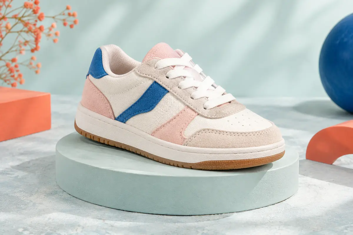 Basket basse enfant à base textile blanche, empiècements en suède et accents bleu royal et rose clair