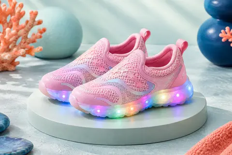 Baskets basses roses pour enfant avec éclairage LED multicolore, présentées seules sur un socle clair.