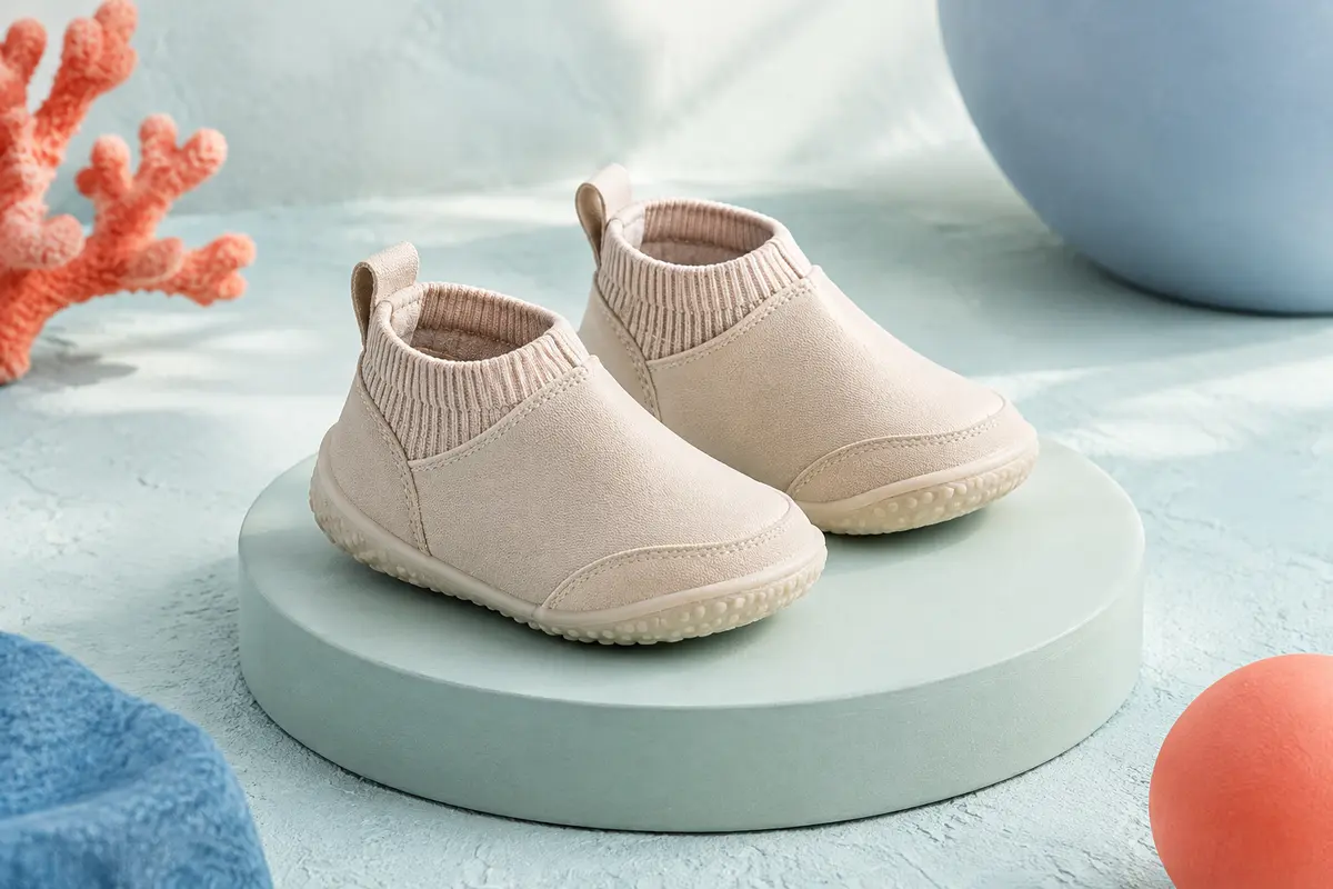 Paire de baskets premiers pas beige Cheerful Mario posée sur un socle clair texturé.