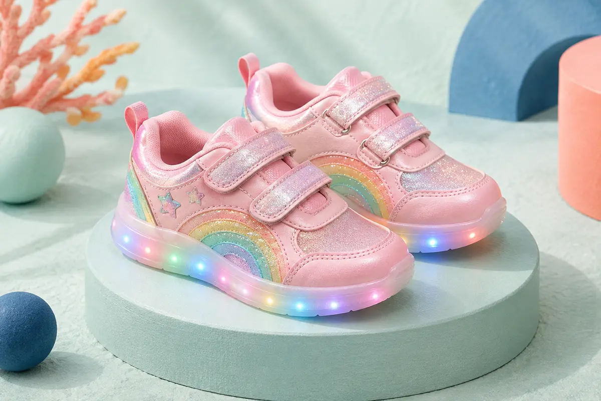 Paire de baskets Chicco roses à double scratch, avec détails pailletés et lumières multicolores dans la semelle.