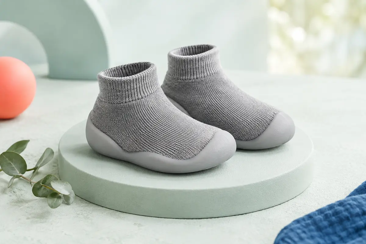 Chaussures chaussettes grises Dookeh pour bébé en maille de coton, avec une semelle souple en silicone.