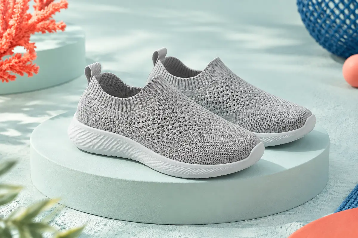 Baskets basses grises pour enfant à enfiler, en maille ajourée et semelle EVA texturée