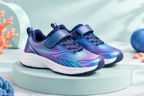 Baskets de running enfant Dream Pairs aux tons marine, violet et bleu, avec scratch et détails irisés