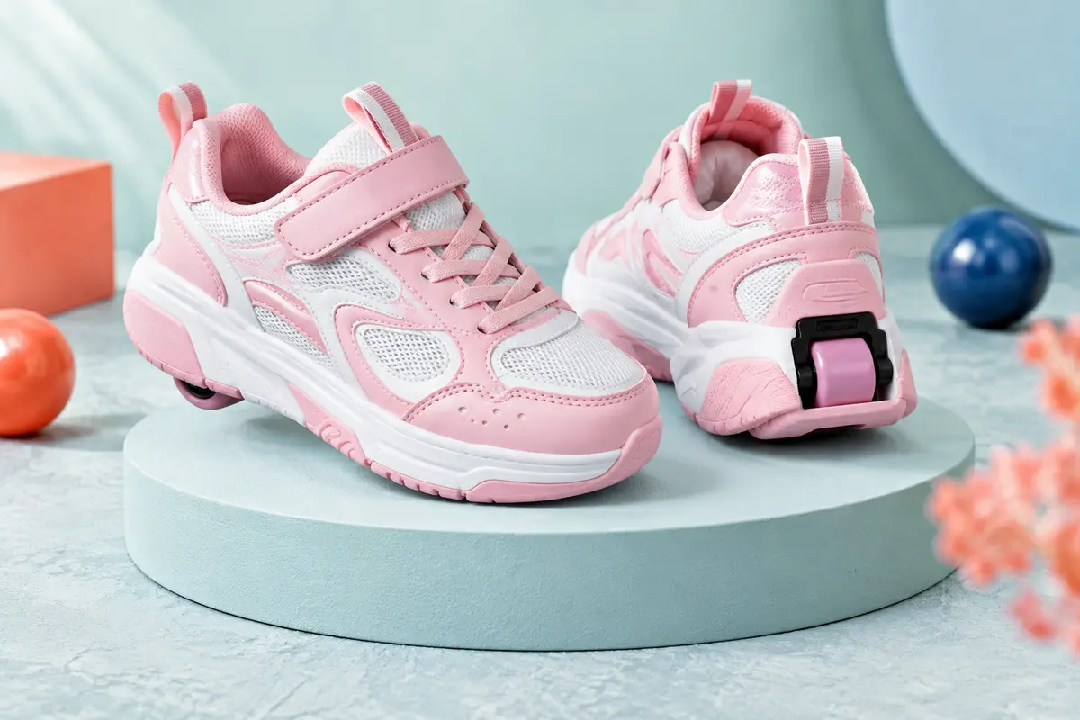 Baskets enfant rose et blanc à roulettes rétractables, présentées seules sur un socle clair.