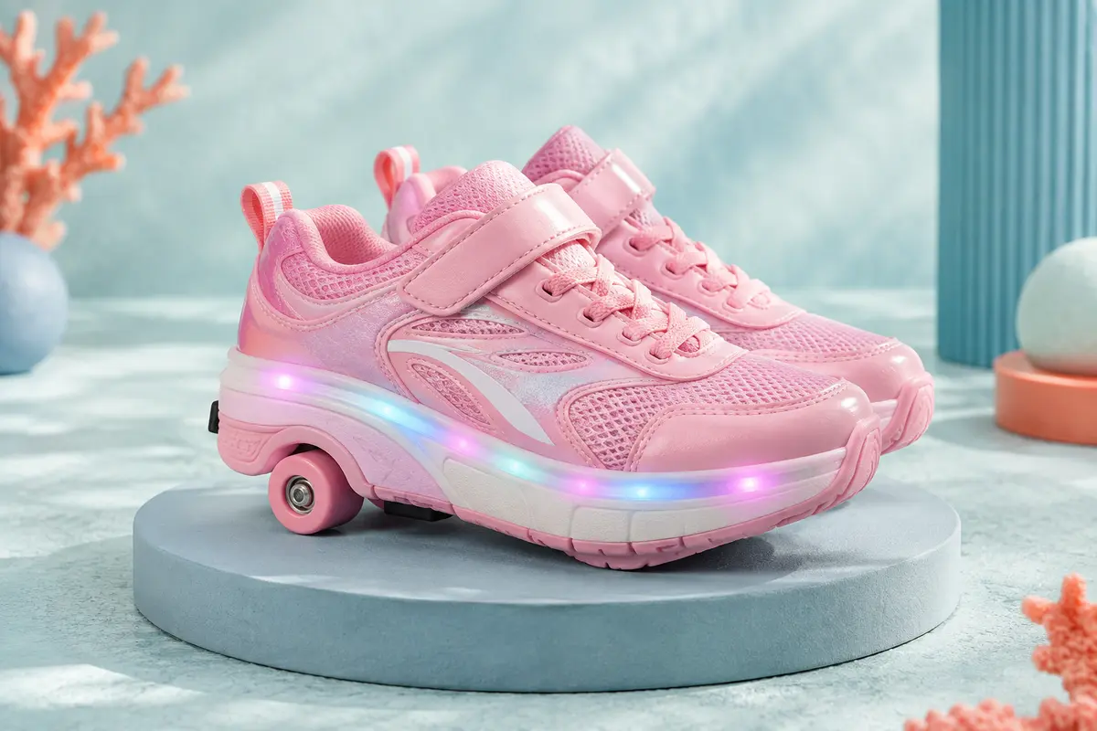 Paire de chaussures roses Flintronic à roulettes avec bande LED, posée sur un socle dans un décor clair