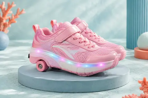 Paire de chaussures roses Flintronic à roulettes avec bande LED, posée sur un socle dans un décor clair