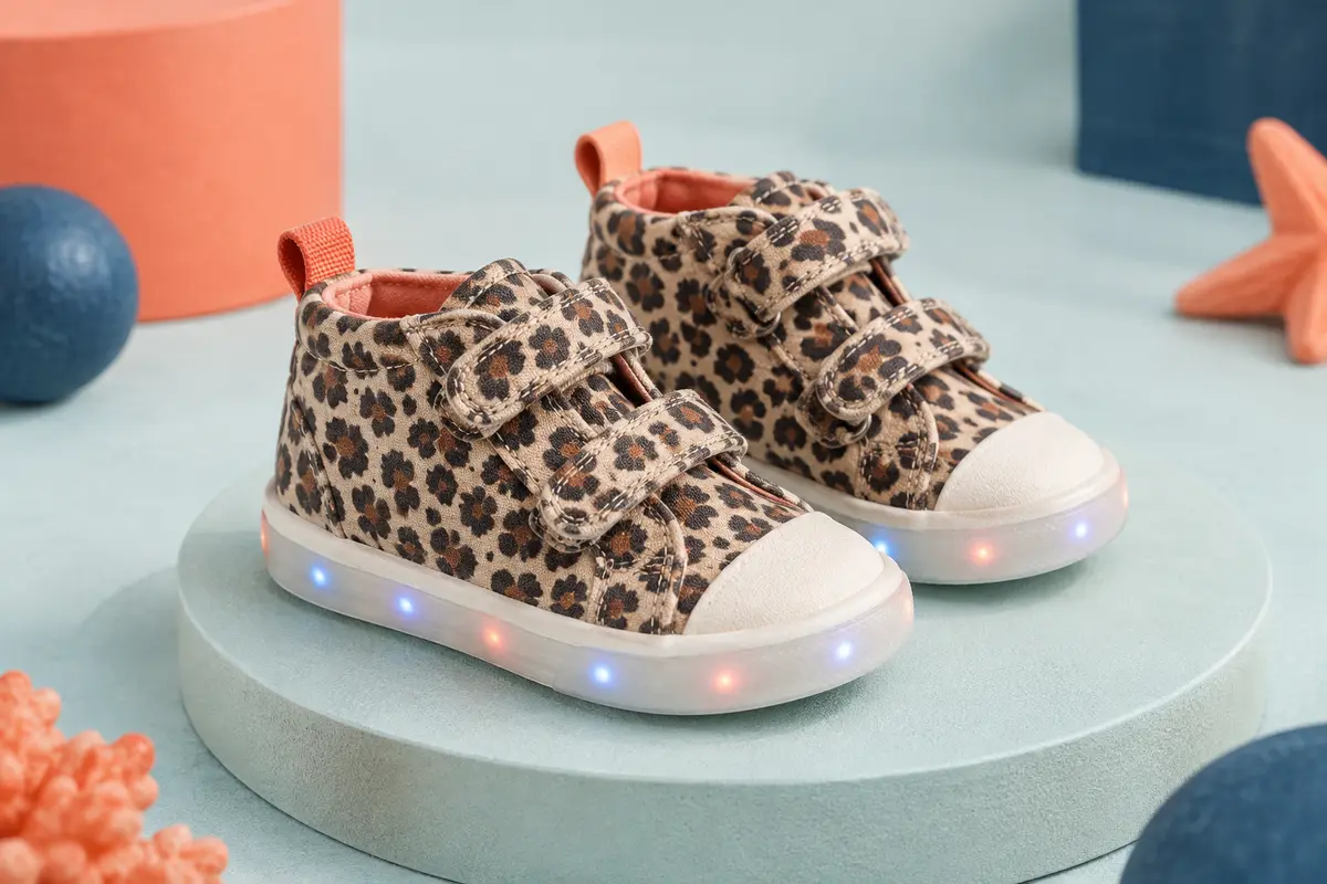 Paire de baskets lumineuses en toile à imprimé léopard avec attaches à crochets et boucles