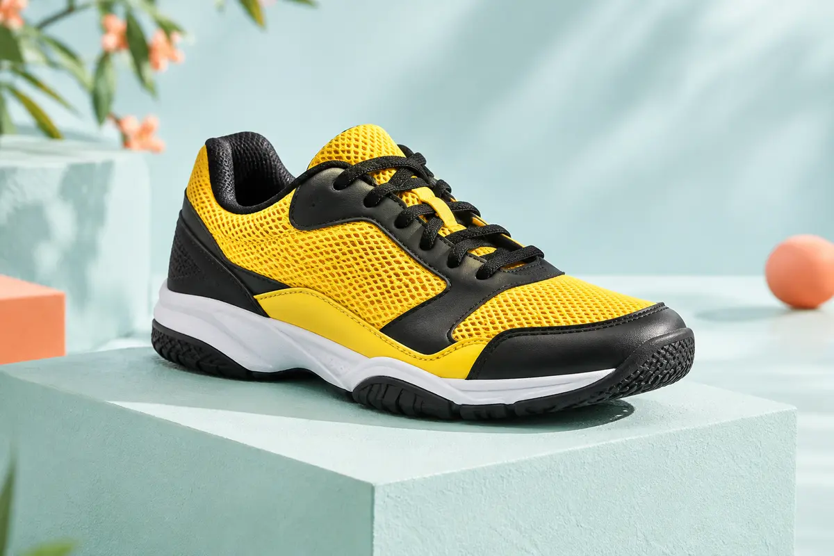 Chaussure de tennis junior Head Sprint 3.5 en maille respirante, jaune banane et noire, posée sur un socle mat.