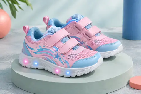 Baskets enfant rose et bleu avec motif Stitch, fermeture autoagrippante et LED dans la semelle extérieure.