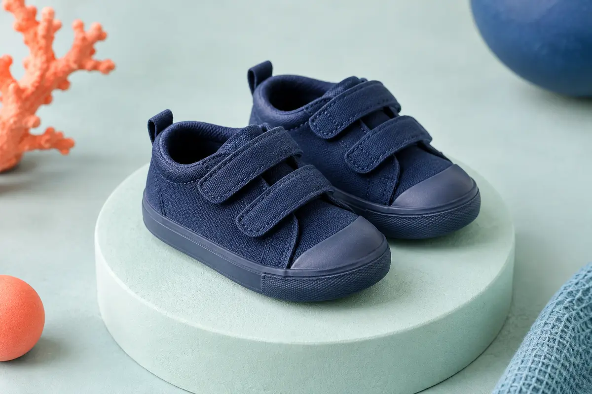 Baskets bébé bleu marine à embout renforcé et semelle en caoutchouc sur un socle clair.