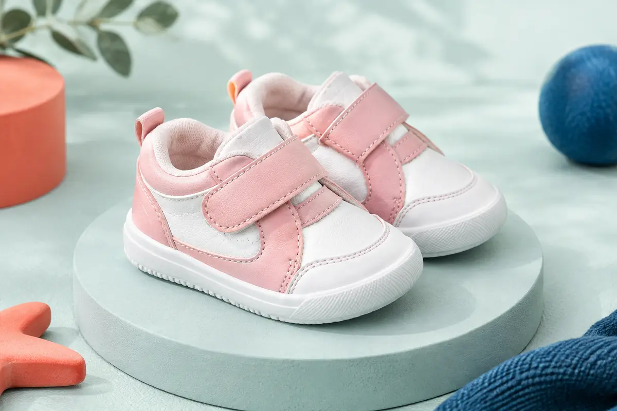 Baskets bébé premiers pas rose et blanc en simili cuir, avec fermeture à velcro et semelle en caoutchouc.