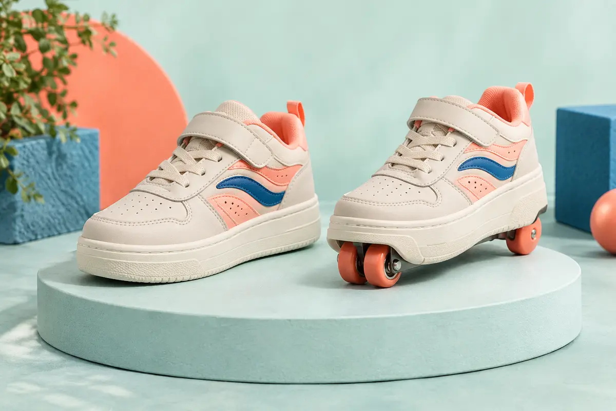 Paire de baskets à roulettes beiges posées à plat sur un socle mat, l’une en mode basket, l’autre avec ses roues installées.