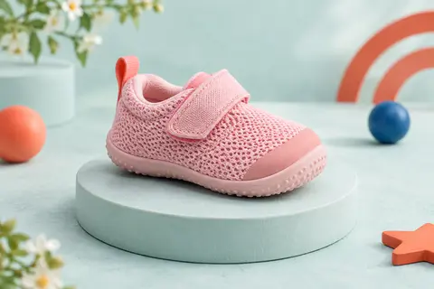 Chaussure bébé rose à tige en maille, fermeture autoagrippante et semelle souple en caoutchouc.