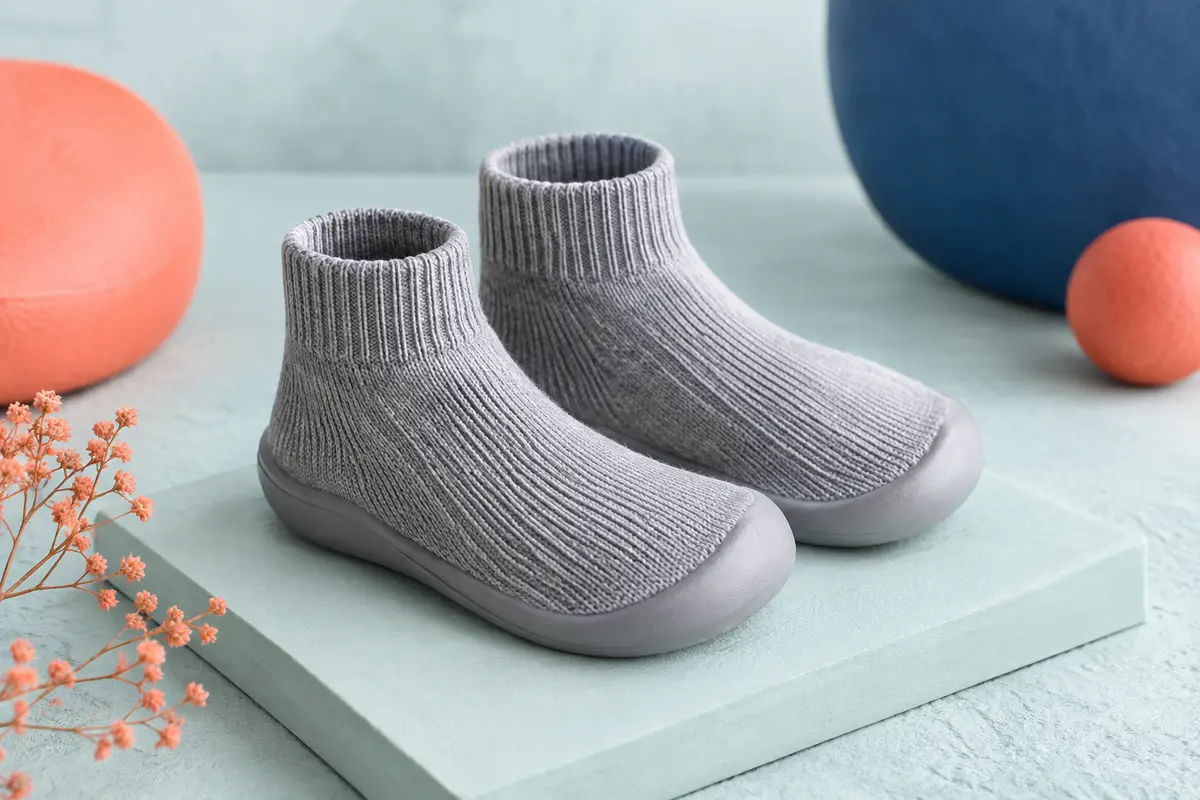 Chaussures chaussettes grises pour bébé, à tige tricotée souple et semelle en caoutchouc
