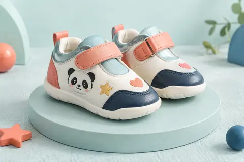 Chaussures souples multicolores pour bébé, avec panda brodé, motifs ludiques et fermeture auto-agrippante