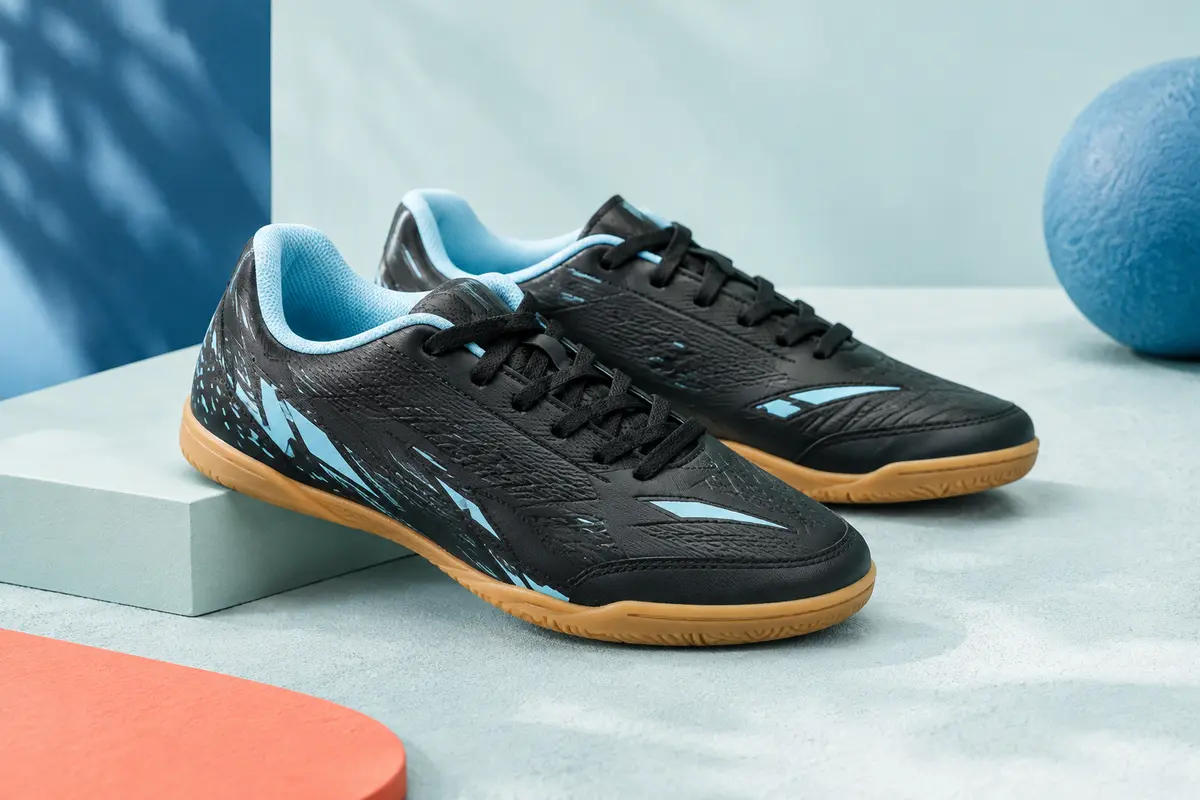 Paire de chaussures de futsal Nike Vapor 16 Club noires et bleu glacé sur un socle mat en studio lumineux.