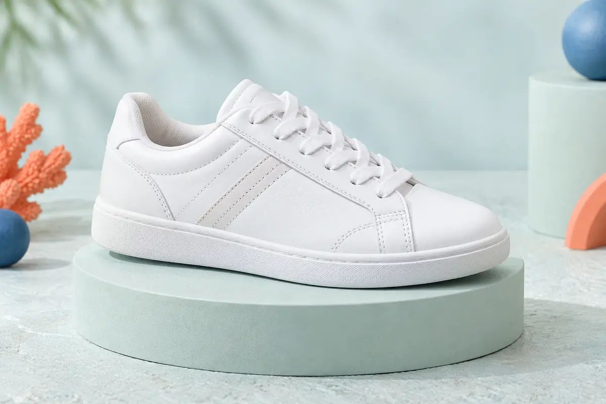 Basket basse blanche pour enfant en cuir, à lacets, posée sur un socle mat dans un décor lumineux