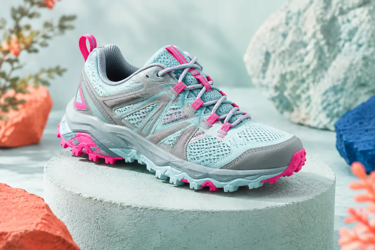 Chaussure de trail junior Salomon aux tons bleu d’eau, gris et rose, posée sur un socle mat