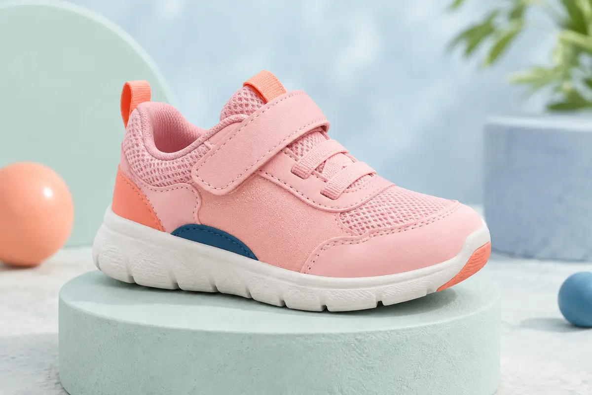 Basket enfant rose à bout large, fermeture à boucle et semelle souple présentée sur un socle mat