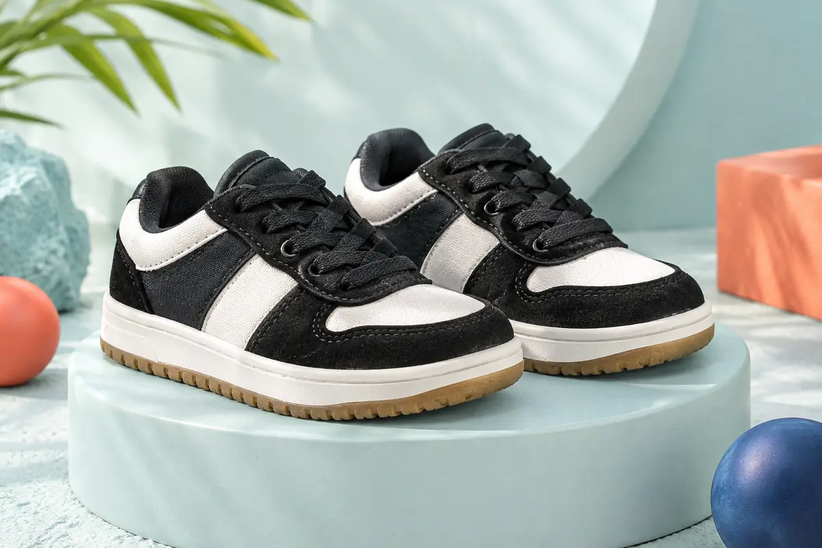 Paire de baskets basses enfant noires et blanches en daim et toile, posées sur un socle clair