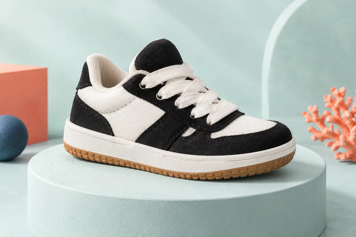 Basket basse noire et blanche en suède et toile, avec lacets épais et semelle gaufrée en caoutchouc.